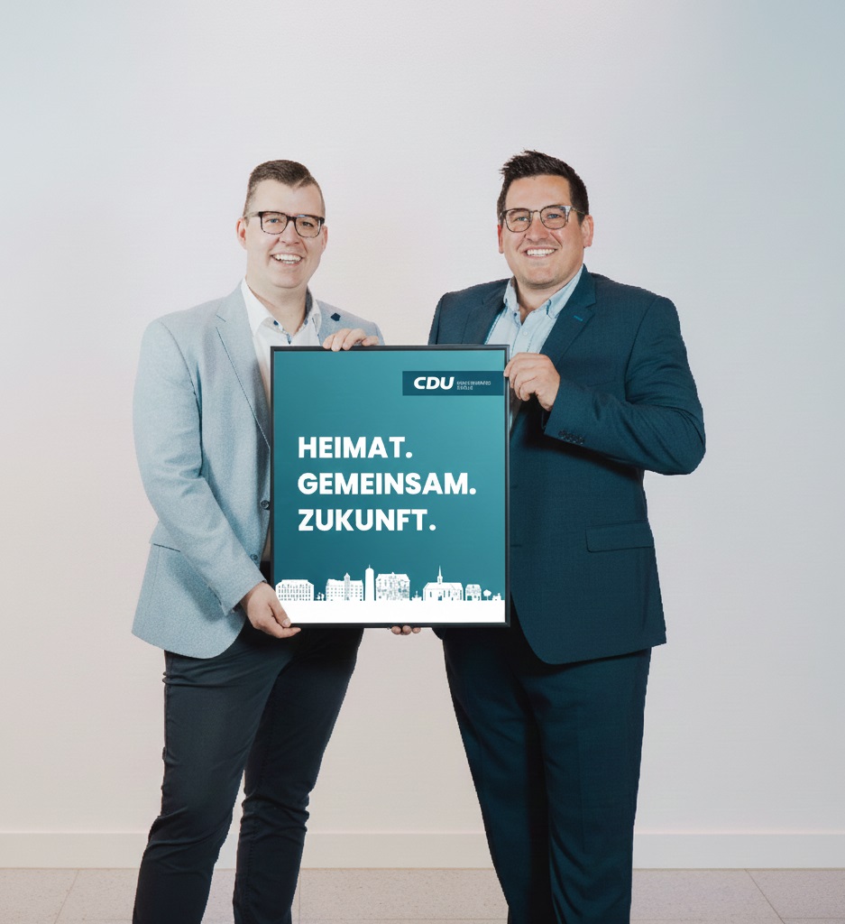 Kevin Alles und Marius Kokel mit dem Slogan der CDU